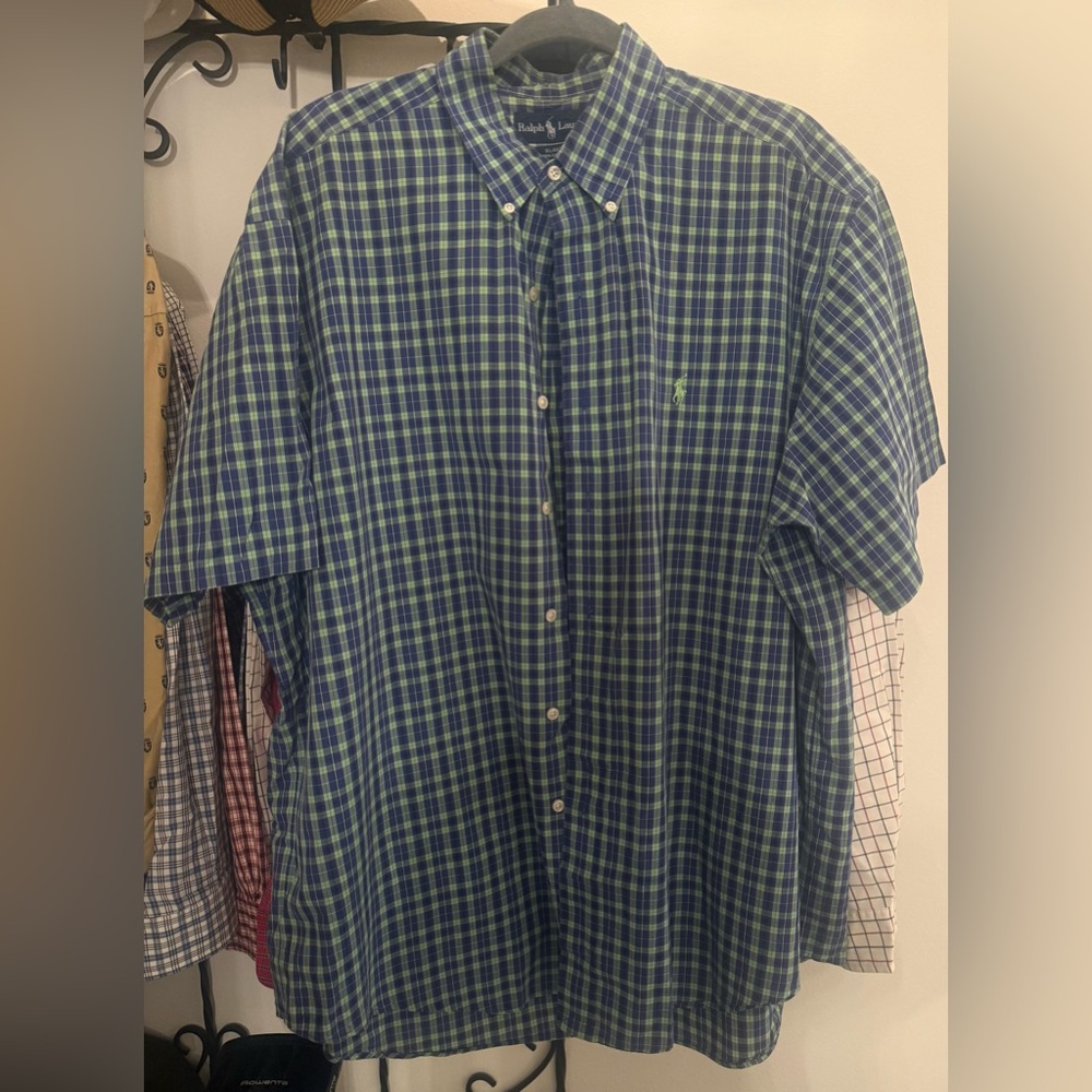 Polo by Ralph Lauren Green and Blue Plaid Short-Sleeve Button-Down Shirt